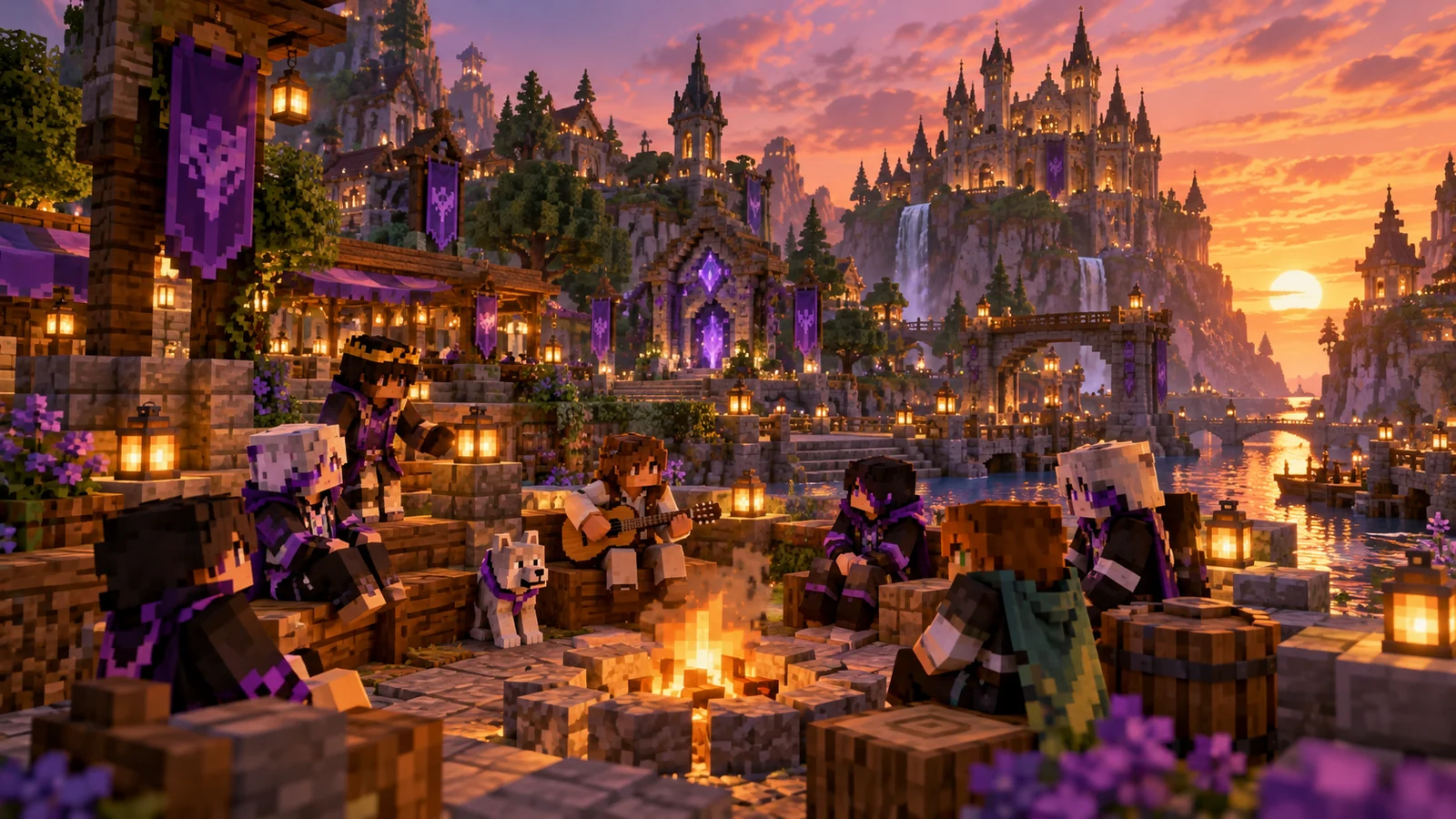 Minecraft-Community am Lagerfeuer in einer stimmungsvollen Nexurion-Welt bei Sonnenuntergang