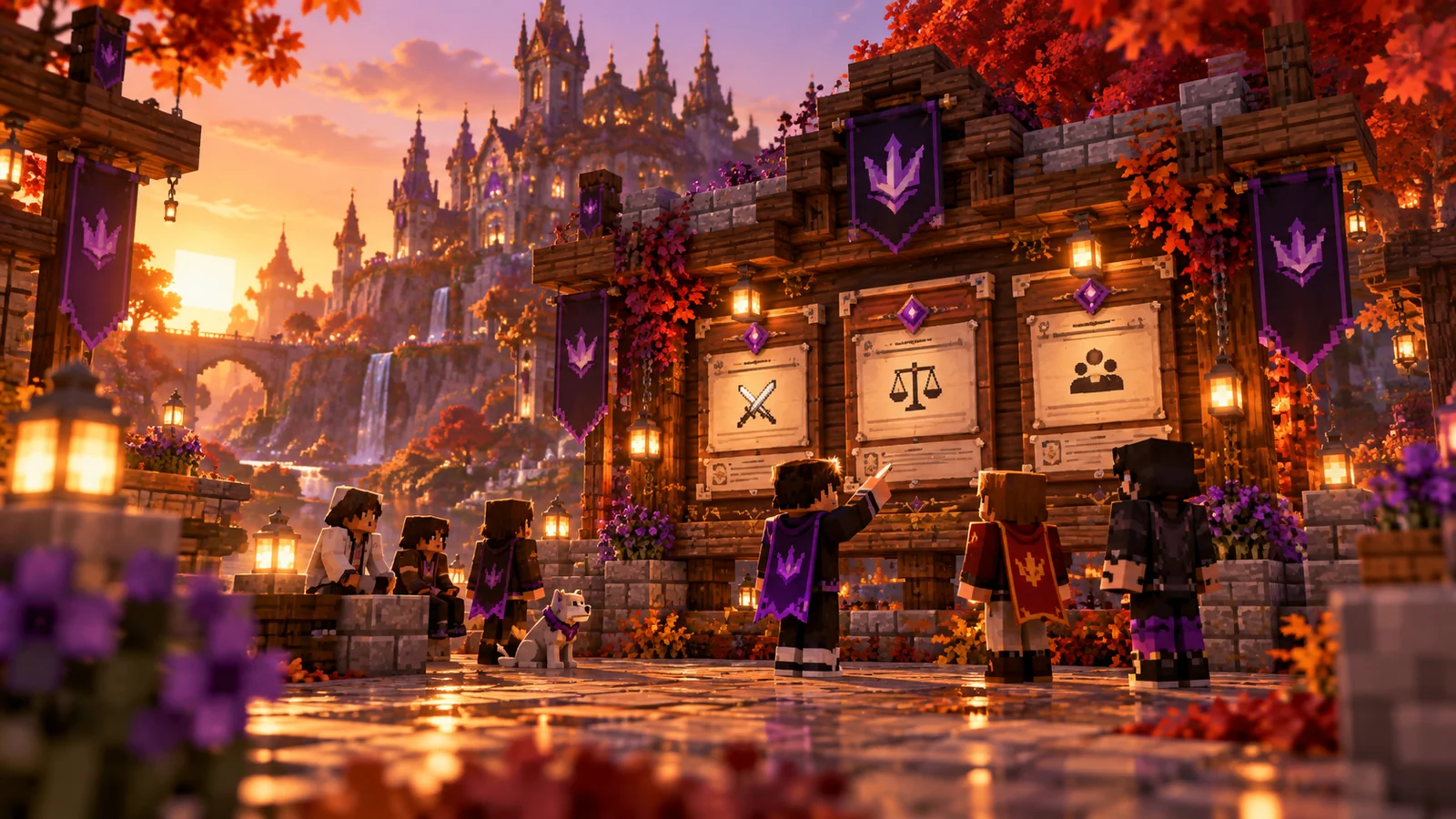 Minecraft-Community-Bereich mit Infowand und Regelwerk im warmen Abendlicht
